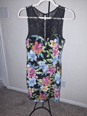 Aidan Mattox Black Lace Mini Dress with Multicolor Floral Appliqué